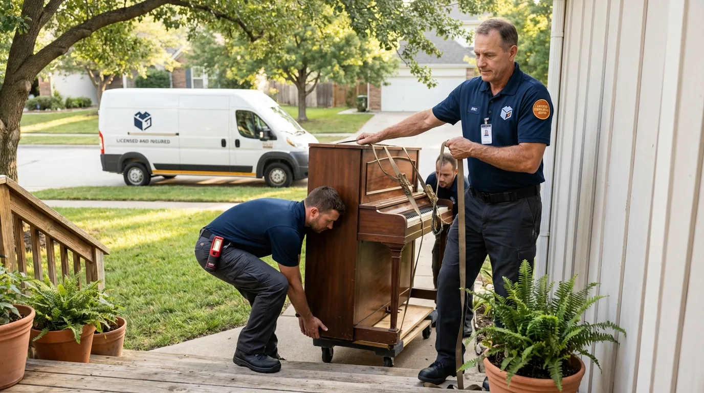 Licensed piano movers securing grand piano in Southborough, MA
