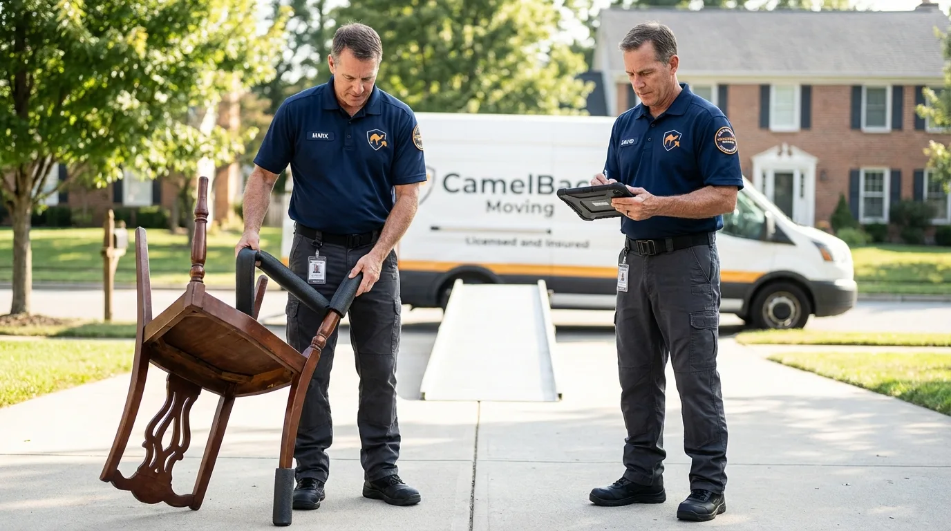Movers inspecting furniture for damage prevention before loading in Southborough, MA