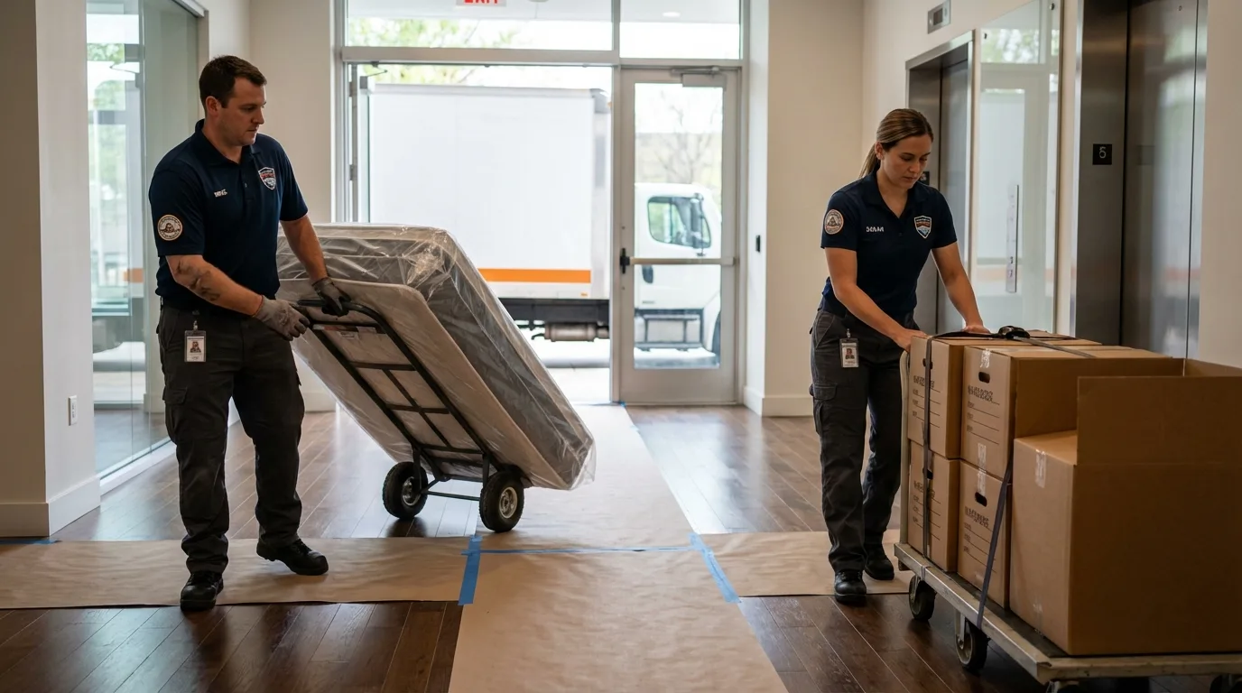 Professional apartment movers loading elevator in Southborough, MA