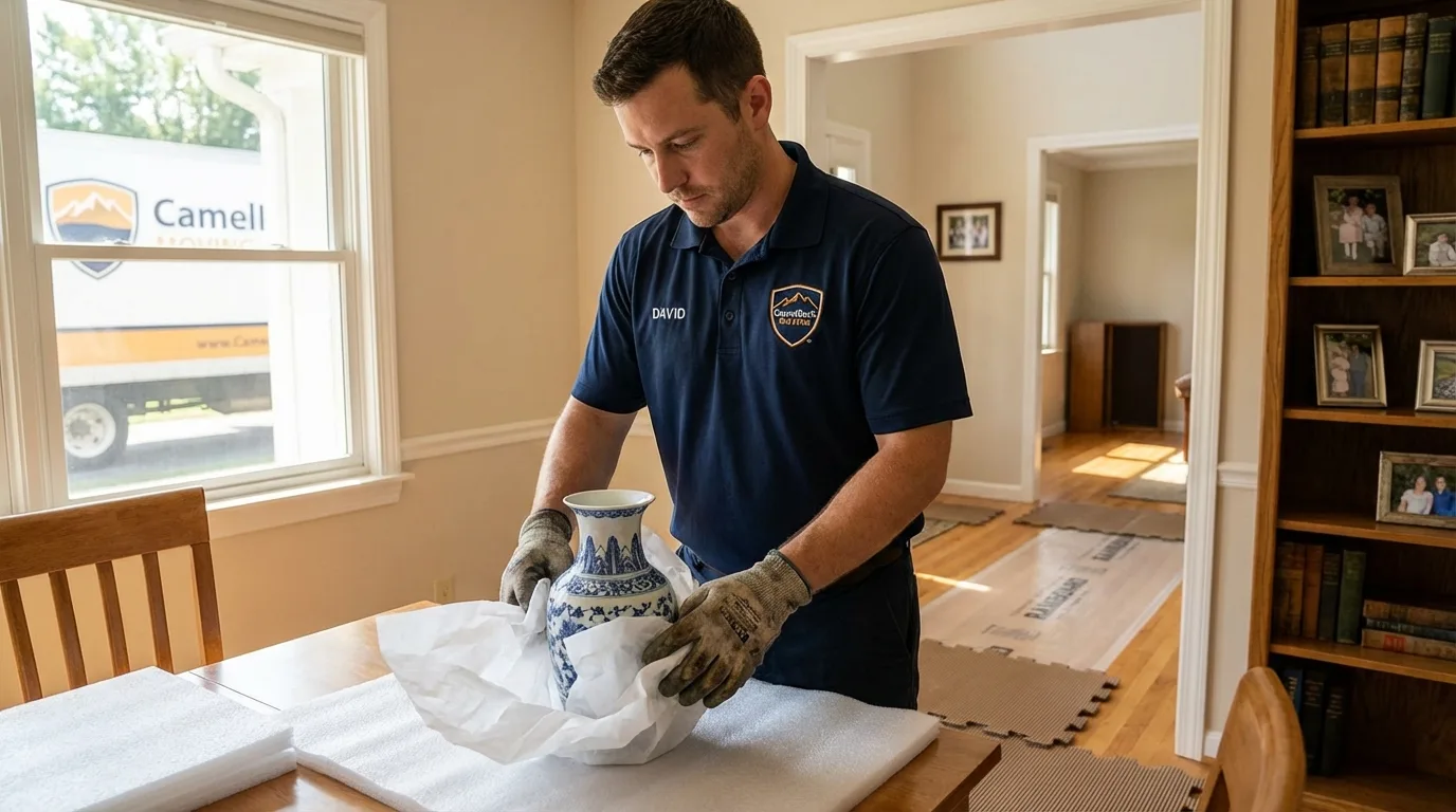 Professional crew carefully wrapping antique vase for senior downsizing move in Southborough, MA