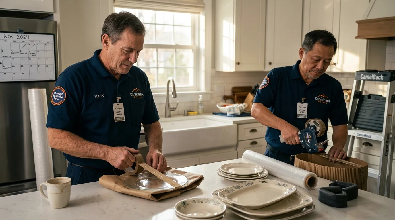 Professional crew packing kitchen dishware in Southborough, MA